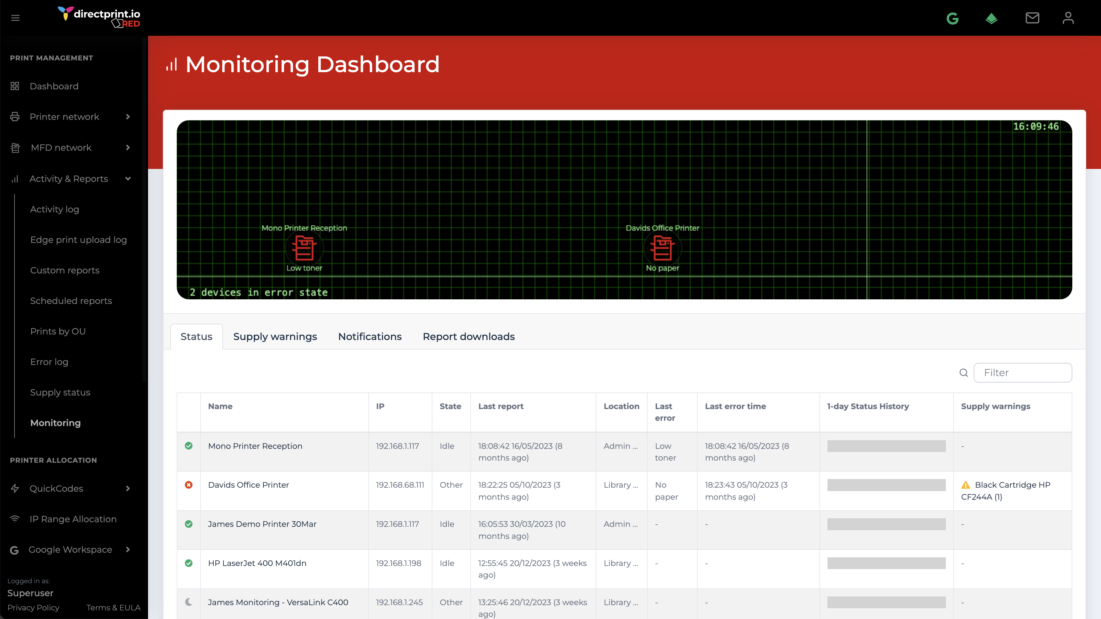 directprint.io RED monitoring screenshot